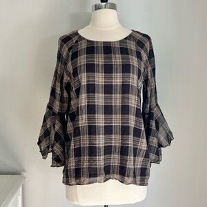 Lauren Conrad Brown Tan Plaid Ruffle Flutter Sleeve Top Back Slit, Medium